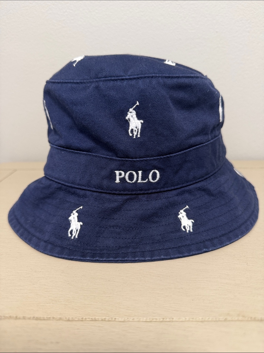 Polo Ralph Lauren Navy Blue All Over Pony Embroidered Bucket Hat S/M NWT
